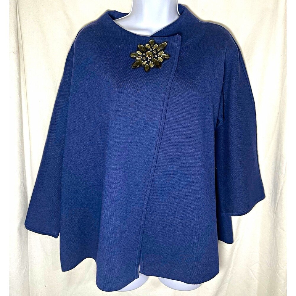 JM Collection Women’s Navy Blue Knit Cape Jacket Top Rhinestone Brooch Size M